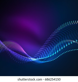 Vector wave particles background - 3D illuminated digital wave of glowing particles. Futuristic and technology vector illustration, HUD modern element