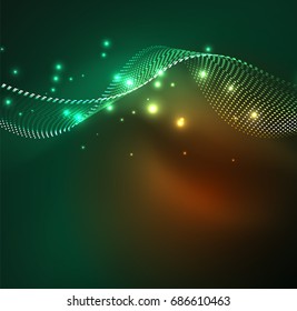 Vector wave particles background - 3D illuminated digital wave of glowing particles. Futuristic and technology vector illustration, HUD modern element