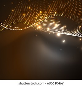 Fundo de partículas de onda vetorial - onda digital iluminada 3D de partículas brilhantes. Ilustração vetorial futurista e tecnologia, elemento moderno HUD