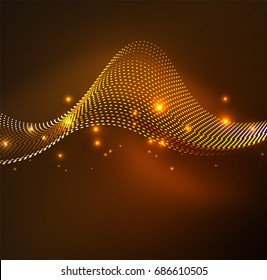 Vector wave particles background - 3D illuminated digital wave of glowing particles. Futuristic and technology vector illustration, HUD modern element