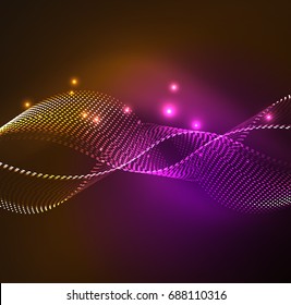 Vector wave particles background - 3D illuminated digital wave of glowing particles. Futuristic and technology vector illustration, HUD modern element