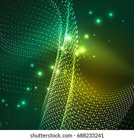 Vector wave particles background - 3D illuminated digital wave of glowing particles. Futuristic and technology vector illustration, HUD modern element