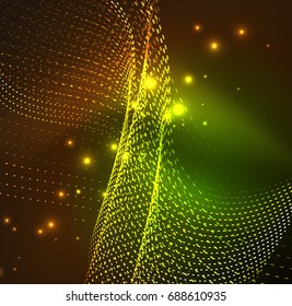 Vector wave particles background - 3D illuminated digital wave of glowing particles. Futuristic and technology vector illustration, HUD modern element