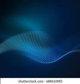 Vector wave particles background - 3D illuminated digital wave of glowing particles. Futuristic and technology vector illustration, HUD modern element