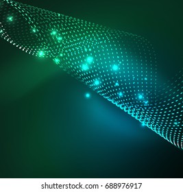Vector wave particles background - 3D illuminated digital wave of glowing particles. Futuristic and technology vector illustration, HUD modern element