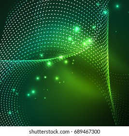Vector wave particles background - 3D illuminated digital wave of glowing particles. Futuristic and technology vector illustration, HUD modern element