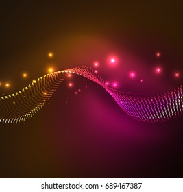Vector wave particles background - 3D illuminated digital wave of glowing particles. Futuristic and technology vector illustration, HUD modern element
