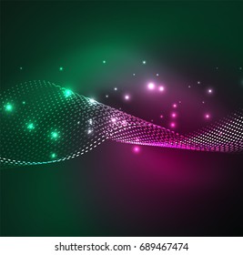 Vector wave particles background - 3D illuminated digital wave of glowing particles. Futuristic and technology vector illustration, HUD modern element