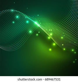 Vector wave particles background - 3D illuminated digital wave of glowing particles. Futuristic and technology vector illustration, HUD modern element