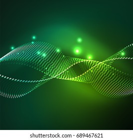 Vector wave particles background - 3D illuminated digital wave of glowing particles. Futuristic and technology vector illustration, HUD modern element