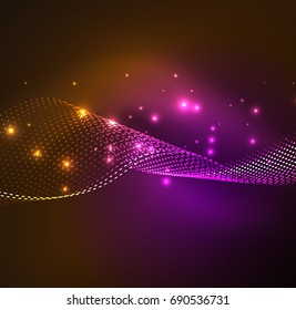 Vector wave particles background - 3D illuminated digital wave of glowing particles. Futuristic and technology vector illustration, HUD modern element
