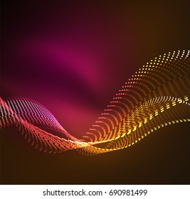 Vector wave particles background - 3D illuminated digital wave of glowing particles. Futuristic and technology vector illustration, HUD modern element
