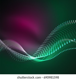Vector wave particles background - 3D illuminated digital wave of glowing particles. Futuristic and technology vector illustration, HUD modern element