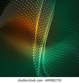 Vector wave particles background - 3D illuminated digital wave of glowing particles. Futuristic and technology vector illustration, HUD modern element
