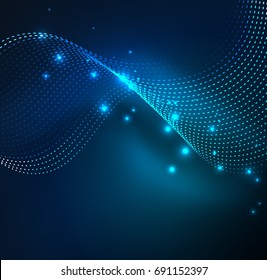 Vector wave particles background - 3D illuminated digital wave of glowing particles. Futuristic and technology vector illustration, HUD modern element