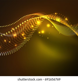 Vector wave particles background - 3D illuminated digital wave of glowing particles. Futuristic and technology vector illustration, HUD modern element