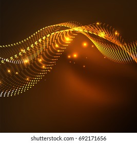 Vector wave particles background - 3D illuminated digital wave of glowing particles. Futuristic and technology vector illustration, HUD modern element
