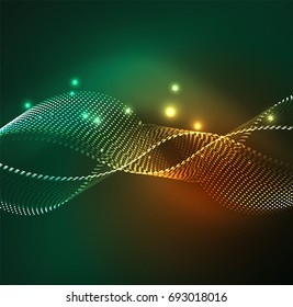 Vector wave particles background - 3D illuminated digital wave of glowing particles. Futuristic and technology vector illustration, HUD modern element