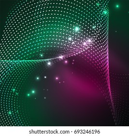 Vector wave particles background - 3D illuminated digital wave of glowing particles. Futuristic and technology vector illustration, HUD modern element
