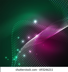 Vector wave particles background - 3D illuminated digital wave of glowing particles. Futuristic and technology vector illustration, HUD modern element
