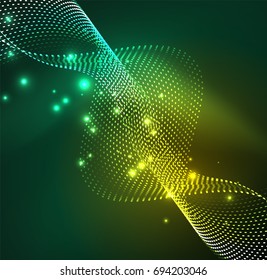 Vector wave particles background - 3D illuminated digital wave of glowing particles. Futuristic and technology vector illustration, HUD modern element