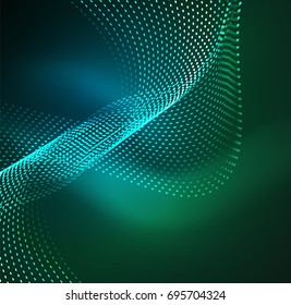 Vector wave particles background - 3D illuminated digital wave of glowing particles. Futuristic and technology vector illustration, HUD modern element
