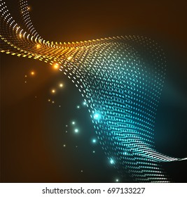 Vector wave particles background - 3D illuminated digital wave of glowing particles. Futuristic and technology vector illustration, HUD modern element