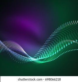 Vector wave particles background - 3D illuminated digital wave of glowing particles. Futuristic and technology vector illustration, HUD modern element