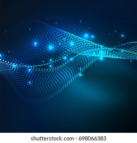 Vector wave particles background - 3D illuminated digital wave of glowing particles. Futuristic and technology vector illustration, HUD modern element