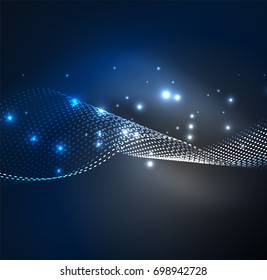 Vector wave particles background - 3D illuminated digital wave of glowing particles. Futuristic and technology vector illustration, HUD modern element