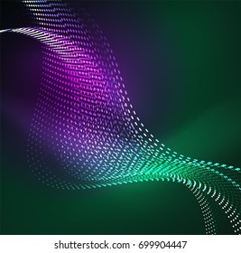 Vector wave particles background - 3D illuminated digital wave of glowing particles. Futuristic and technology vector illustration, HUD modern element