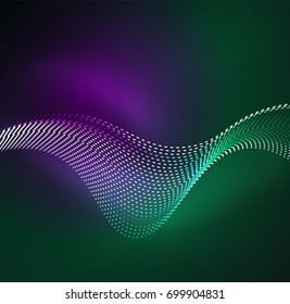 Vector wave particles background - 3D illuminated digital wave of glowing particles. Futuristic and technology vector illustration, HUD modern element