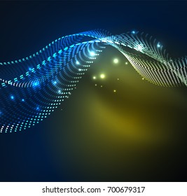Vector wave particles background - 3D illuminated digital wave of glowing particles. Futuristic and technology vector illustration, HUD modern element