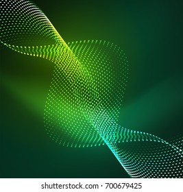 Vector wave particles background - 3D illuminated digital wave of glowing particles. Futuristic and technology vector illustration, HUD modern element