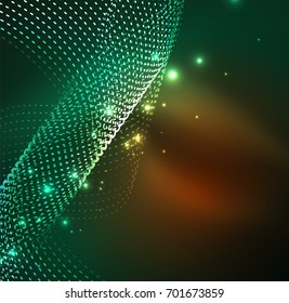 Vector wave particles background - 3D illuminated digital wave of glowing particles. Futuristic and technology vector illustration, HUD modern element