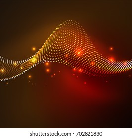 Vector wave particles background - 3D illuminated digital wave of glowing particles. Futuristic and technology vector illustration, HUD modern element