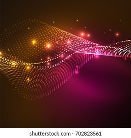 Vector wave particles background - 3D illuminated digital wave of glowing particles. Futuristic and technology vector illustration, HUD modern element