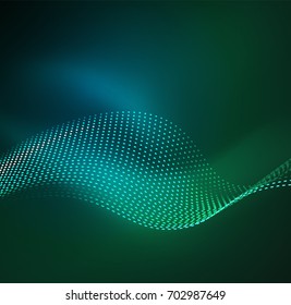 Vector wave particles background - 3D illuminated digital wave of glowing particles. Futuristic and technology vector illustration, HUD modern element
