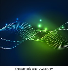 Vector wave particles background - 3D illuminated digital wave of glowing particles. Futuristic and technology vector illustration, HUD modern element