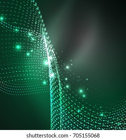 Vector wave particles background - 3D illuminated digital wave of glowing particles. Futuristic and technology vector illustration, HUD modern element