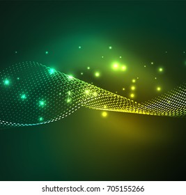 Vector wave particles background - 3D illuminated digital wave of glowing particles. Futuristic and technology vector illustration, HUD modern element