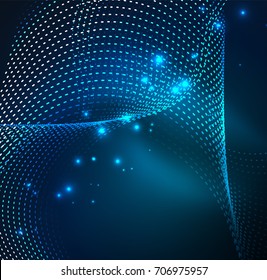 Vector wave particles background - 3D illuminated digital wave of glowing particles. Futuristic and technology vector illustration, HUD modern element