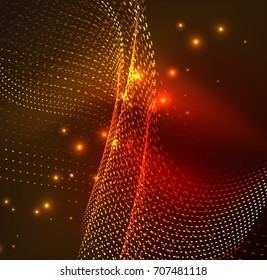 Vector wave particles background - 3D illuminated digital wave of glowing particles. Futuristic and technology vector illustration, HUD modern element
