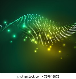 Vector wave particles background - 3D illuminated digital wave of glowing particles. Futuristic and technology vector illustration, HUD modern element