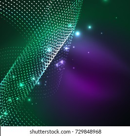Vector wave particles background - 3D illuminated digital wave of glowing particles. Futuristic and technology vector illustration, HUD modern element
