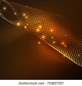 Vector wave particles background - 3D illuminated digital wave of glowing particles. Futuristic and technology vector illustration, HUD modern element