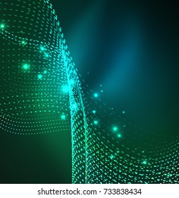 Vector wave particles background - 3D illuminated digital wave of glowing particles. Futuristic and technology vector illustration, HUD modern element