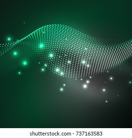 Vector wave particles background - 3D illuminated digital wave of glowing particles. Futuristic and technology vector illustration, HUD modern element