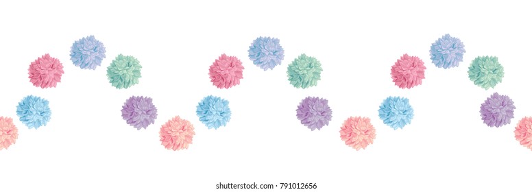 Vector Wave of Pastel Colorful Birthday Party Paper Pom Poms Set Horizontal Seamless Repeat Border Pattern. Great for handmade cards, invitations, wallpaper, packaging, nursery designs.