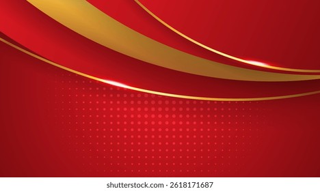 Vector Wave Red gradient luxury background with glitter light effect and gold line elements.